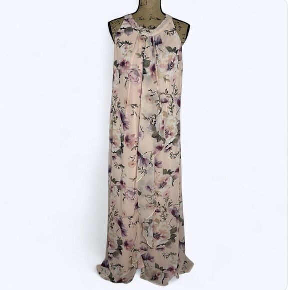 Shelby Palmer Chiffon A Line Maxi Dress Sz 16 Pink Floral Romantic Wedding Guest - Picture 1 of 13